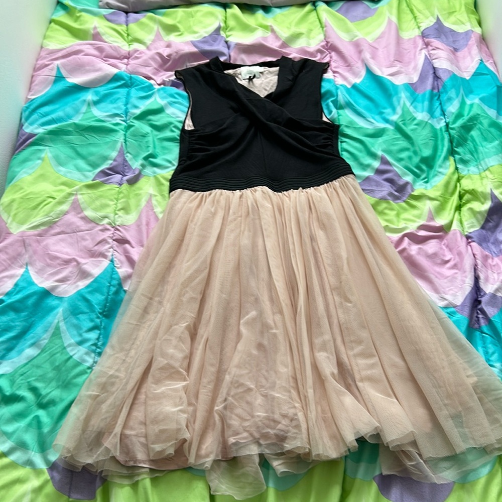 Anthropologie fit and flare dress pink tulle and black top